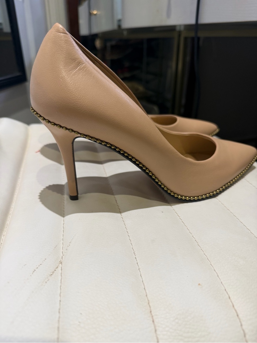 Coach Nude Leather Pointed-Toe Pumps with Gold Bead Trim - Picture 2 of 6